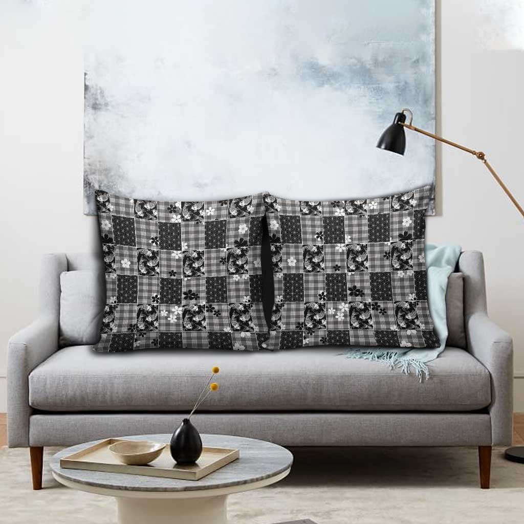 Black Palaka Japanese Patterns Pillow Cover Koi Fish Asanoha Sakura Patchwork Stylized LT14 - Polynesian Pride