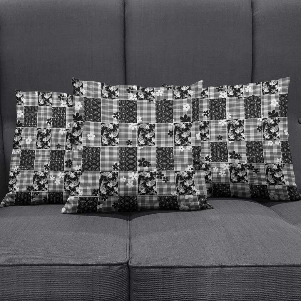 Black Palaka Japanese Patterns Pillow Cover Koi Fish Asanoha Sakura Patchwork Stylized LT14 - Polynesian Pride