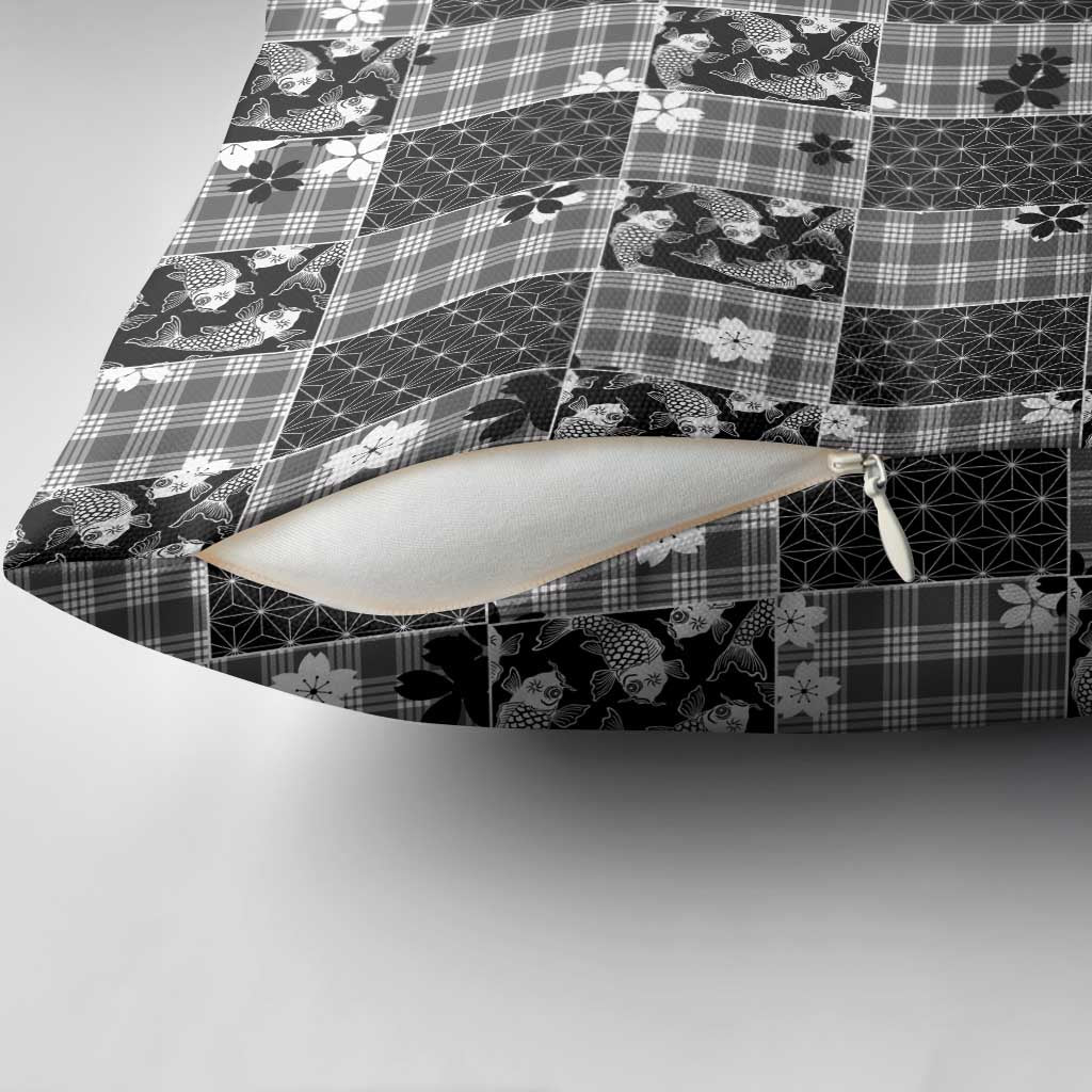 Black Palaka Japanese Patterns Pillow Cover Koi Fish Asanoha Sakura Patchwork Stylized LT14 - Polynesian Pride