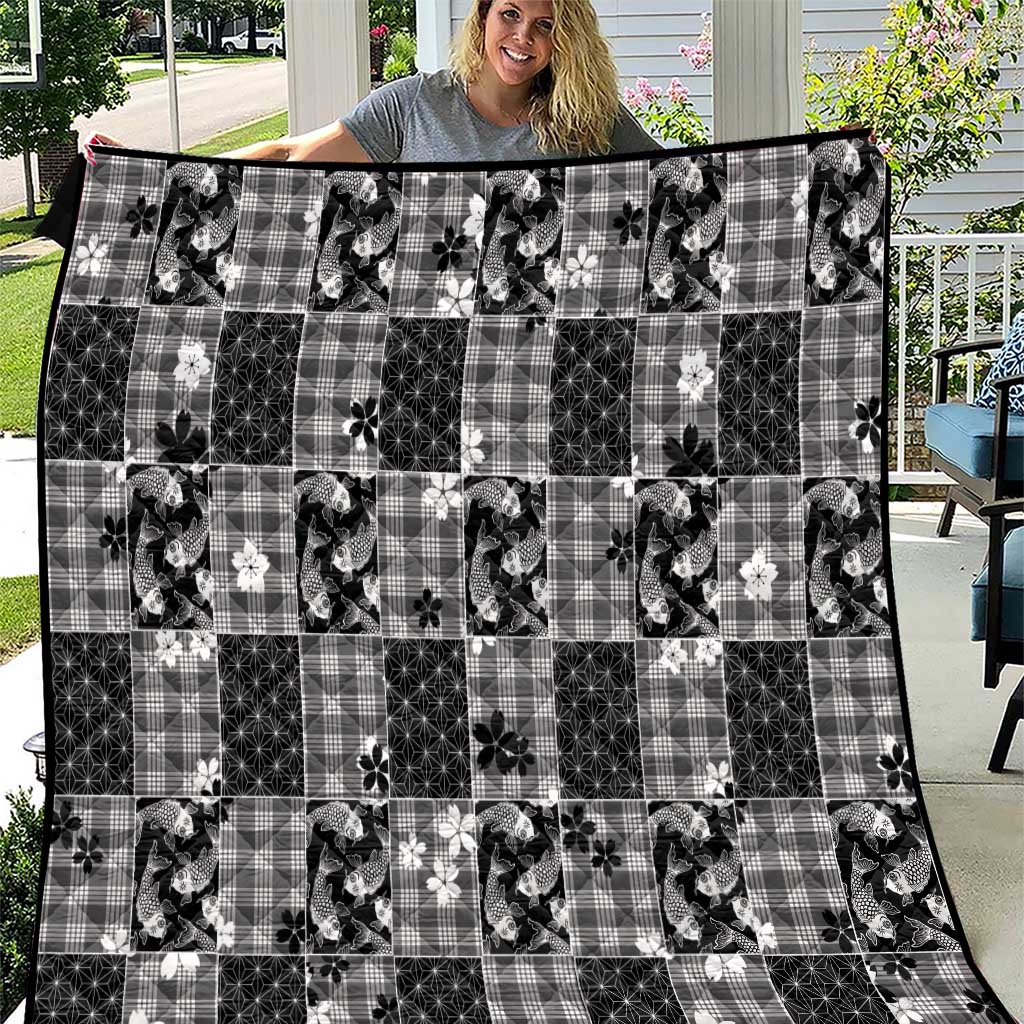 Black Palaka Japanese Patterns Quilt Koi Fish Asanoha Sakura Patchwork Stylized LT14 Black - Polynesian Pride