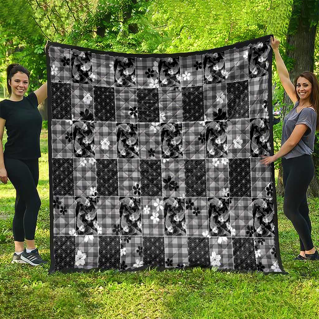 Black Palaka Japanese Patterns Quilt Koi Fish Asanoha Sakura Patchwork Stylized LT14 - Polynesian Pride