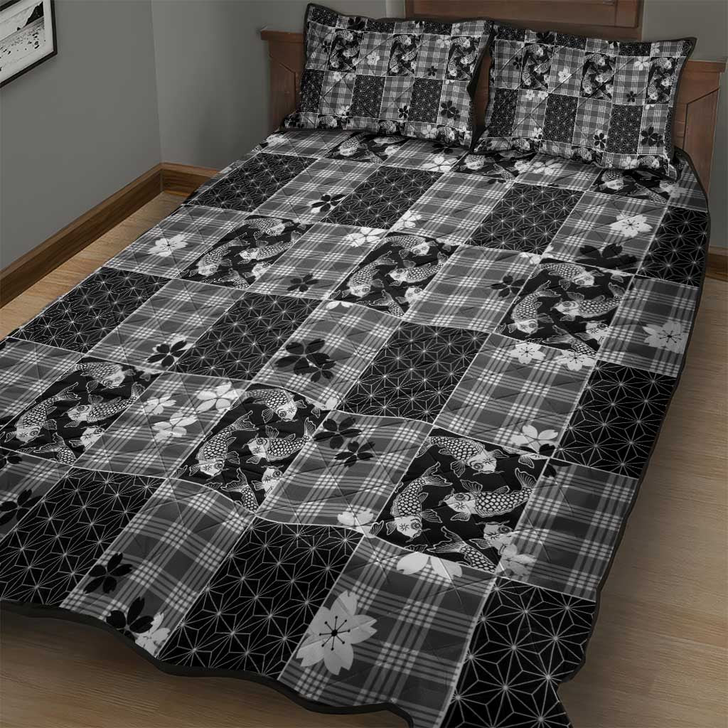 Black Palaka Japanese Patterns Quilt Bed Set Koi Fish Asanoha Sakura Patchwork Stylized - Polynesian Pride
