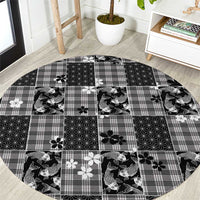 Black Palaka Japanese Patterns Round Carpet Koi Fish Asanoha Sakura Patchwork Stylized LT14 Black - Polynesian Pride