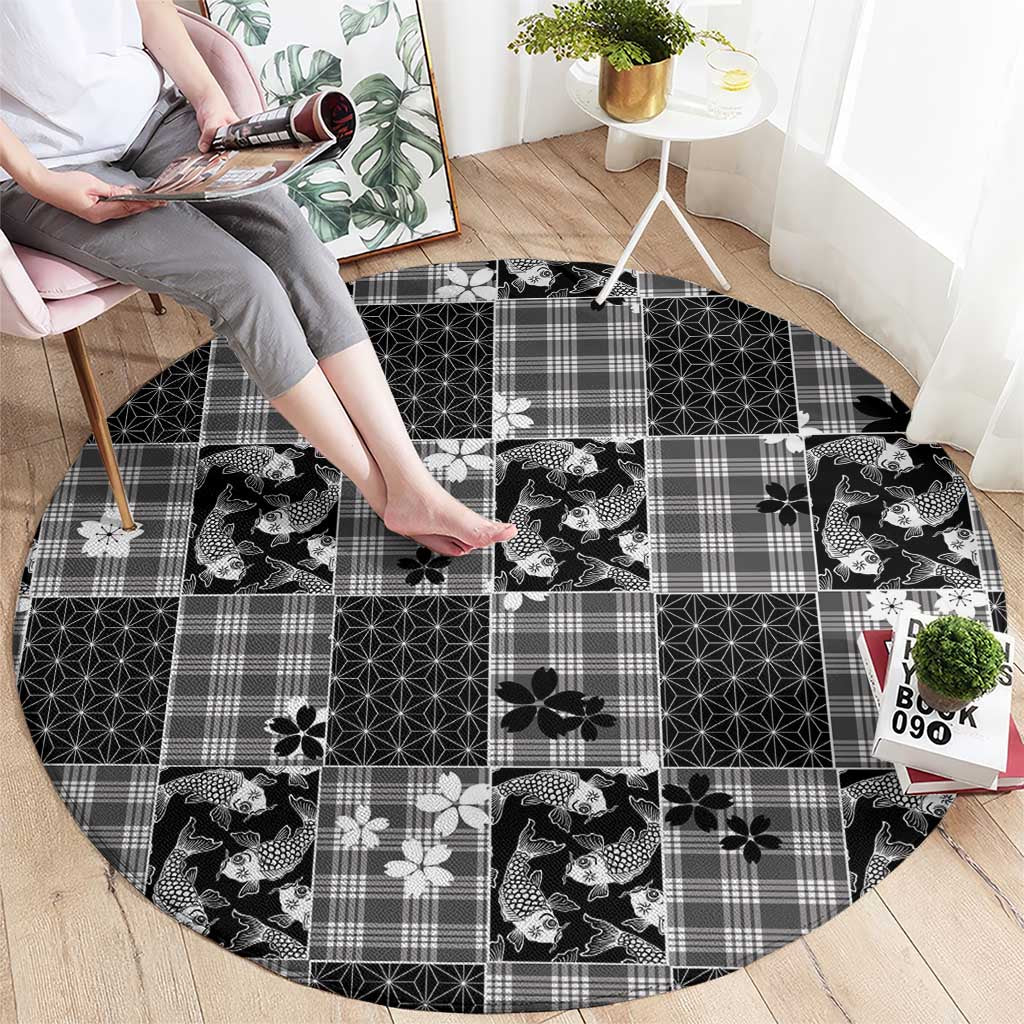 Black Palaka Japanese Patterns Round Carpet Koi Fish Asanoha Sakura Patchwork Stylized LT14 - Polynesian Pride