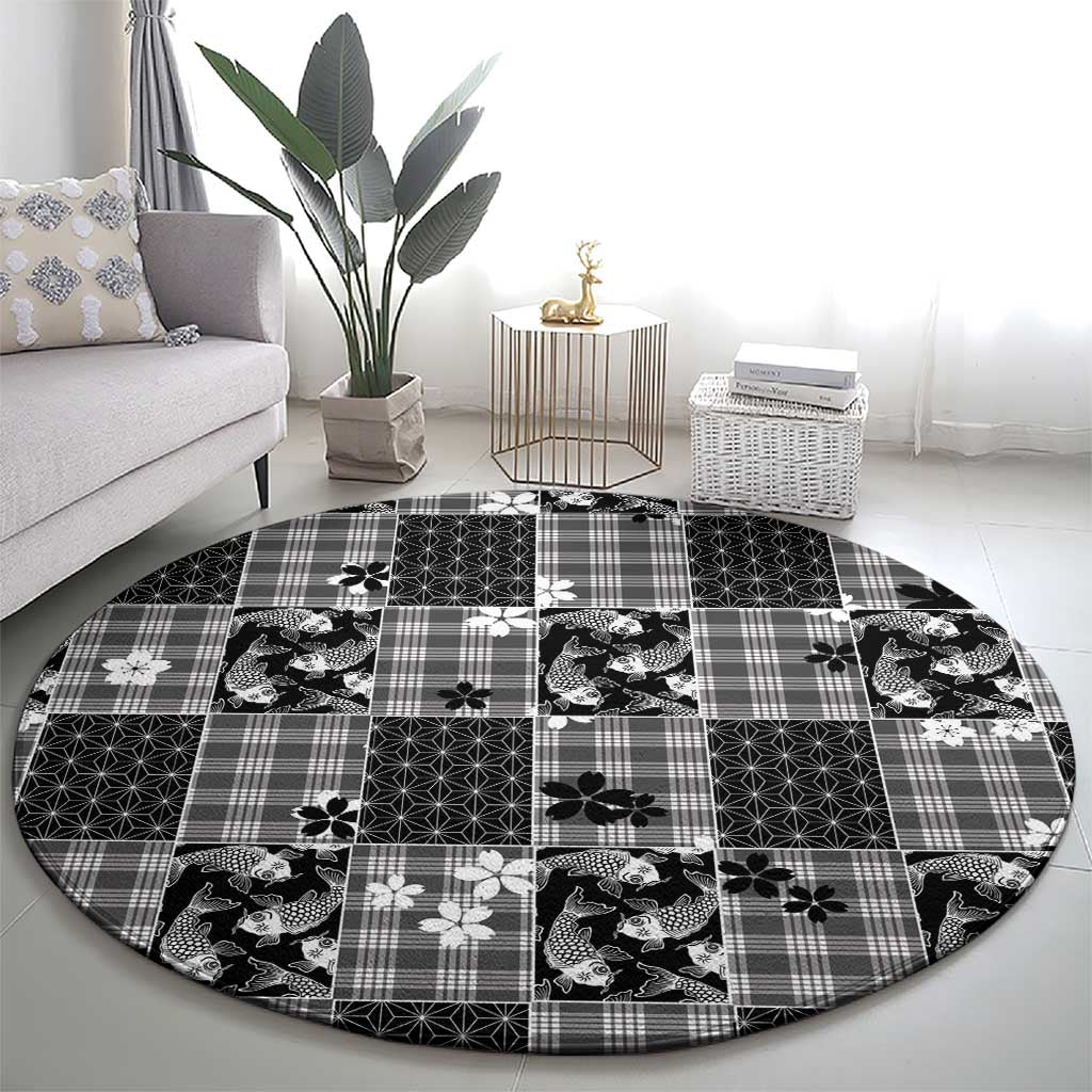 Black Palaka Japanese Patterns Round Carpet Koi Fish Asanoha Sakura Patchwork Stylized LT14 - Polynesian Pride