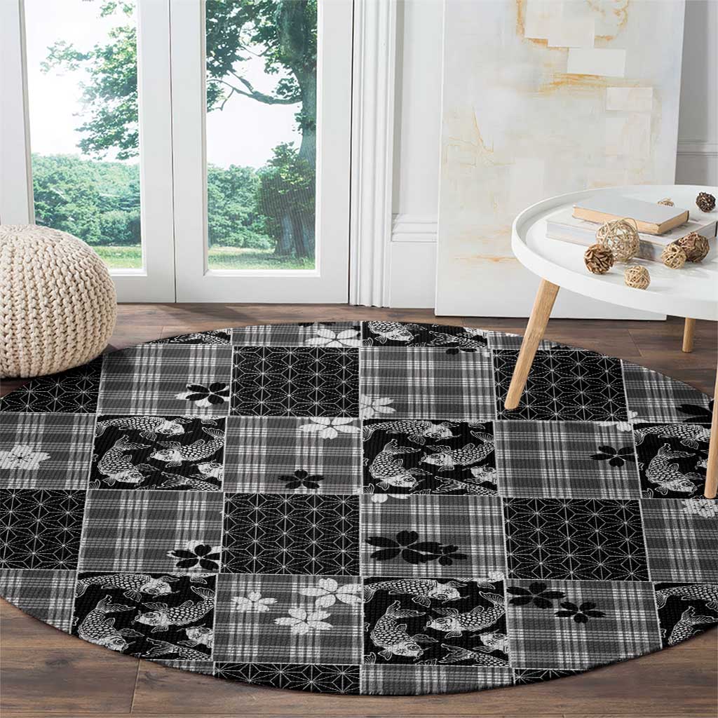 Black Palaka Japanese Patterns Round Carpet Koi Fish Asanoha Sakura Patchwork Stylized LT14 - Polynesian Pride