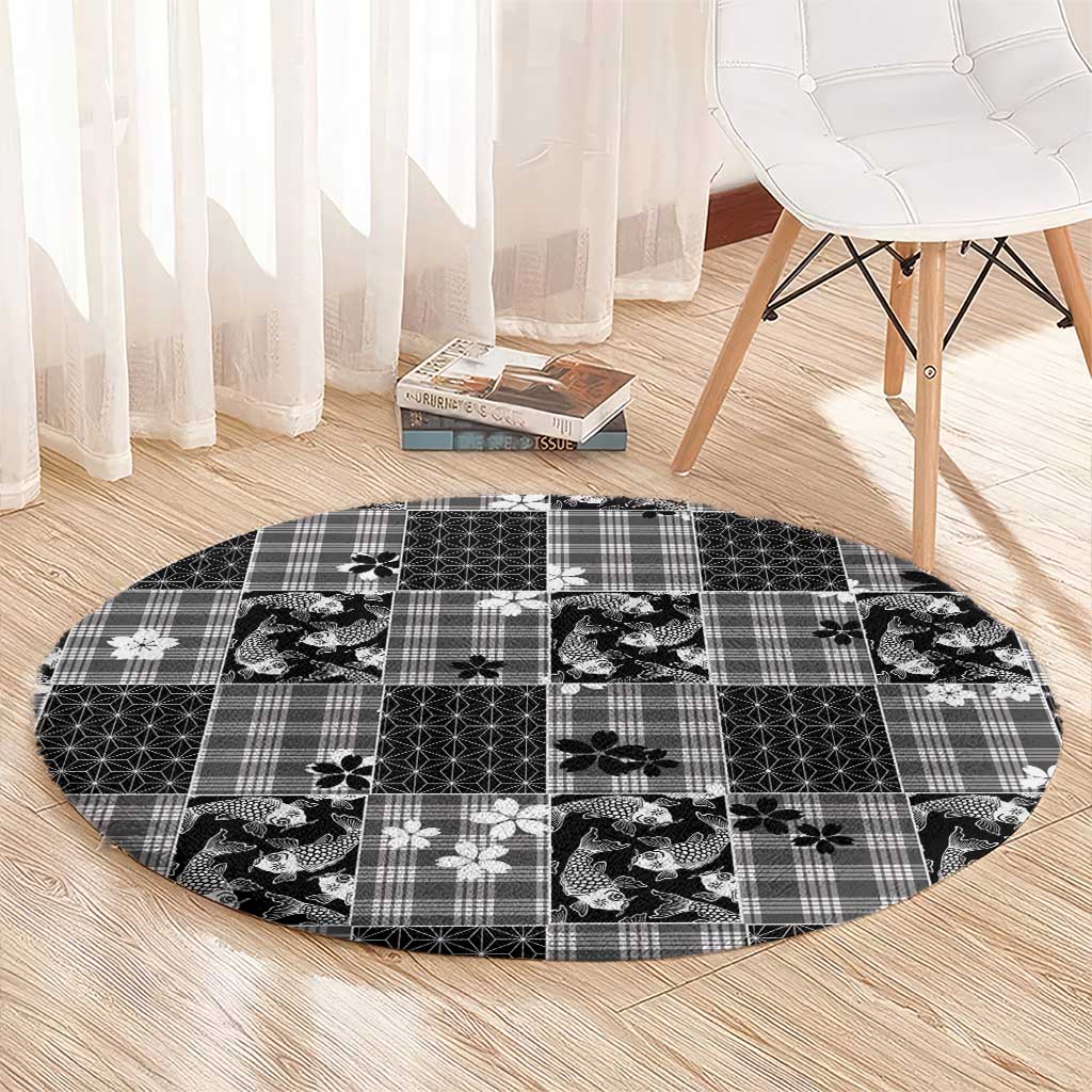Black Palaka Japanese Patterns Round Carpet Koi Fish Asanoha Sakura Patchwork Stylized LT14 - Polynesian Pride