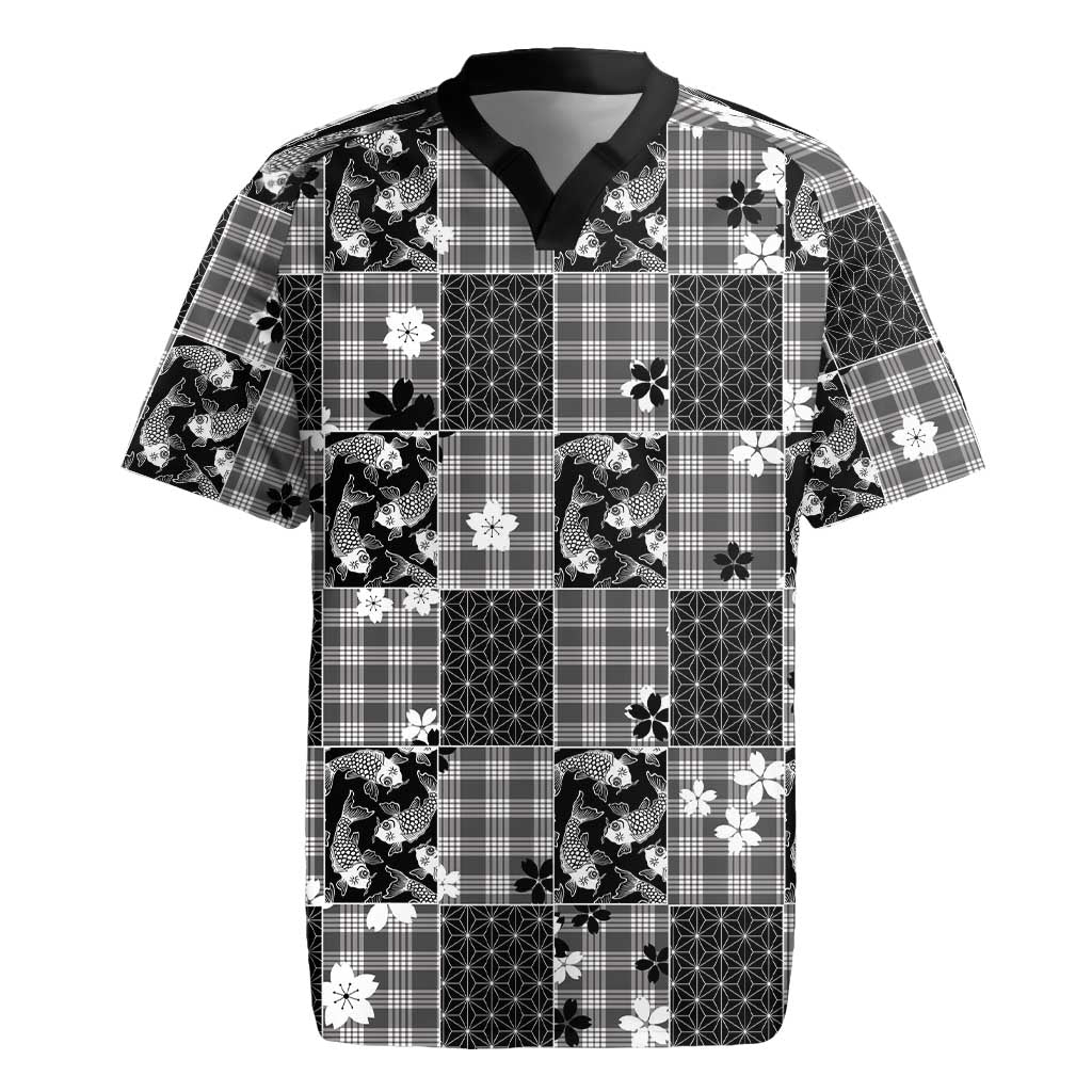 Black Palaka Japanese Patterns Rugby Jersey Koi Fish Asanoha Sakura Patchwork Stylized - Polynesian Pride