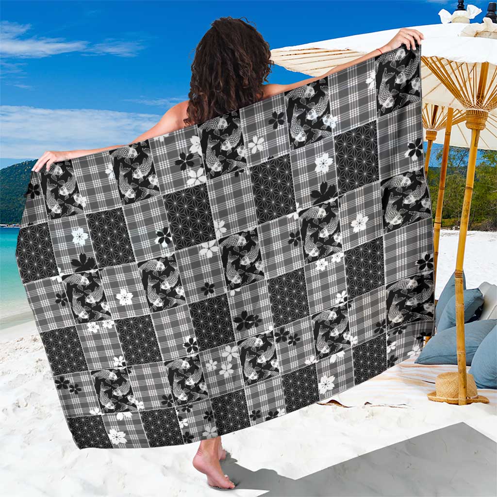 Black Palaka Japanese Patterns Sarong Koi Fish Asanoha Sakura Patchwork Stylized LT14 One Size 44 x 66 inches Black - Polynesian Pride