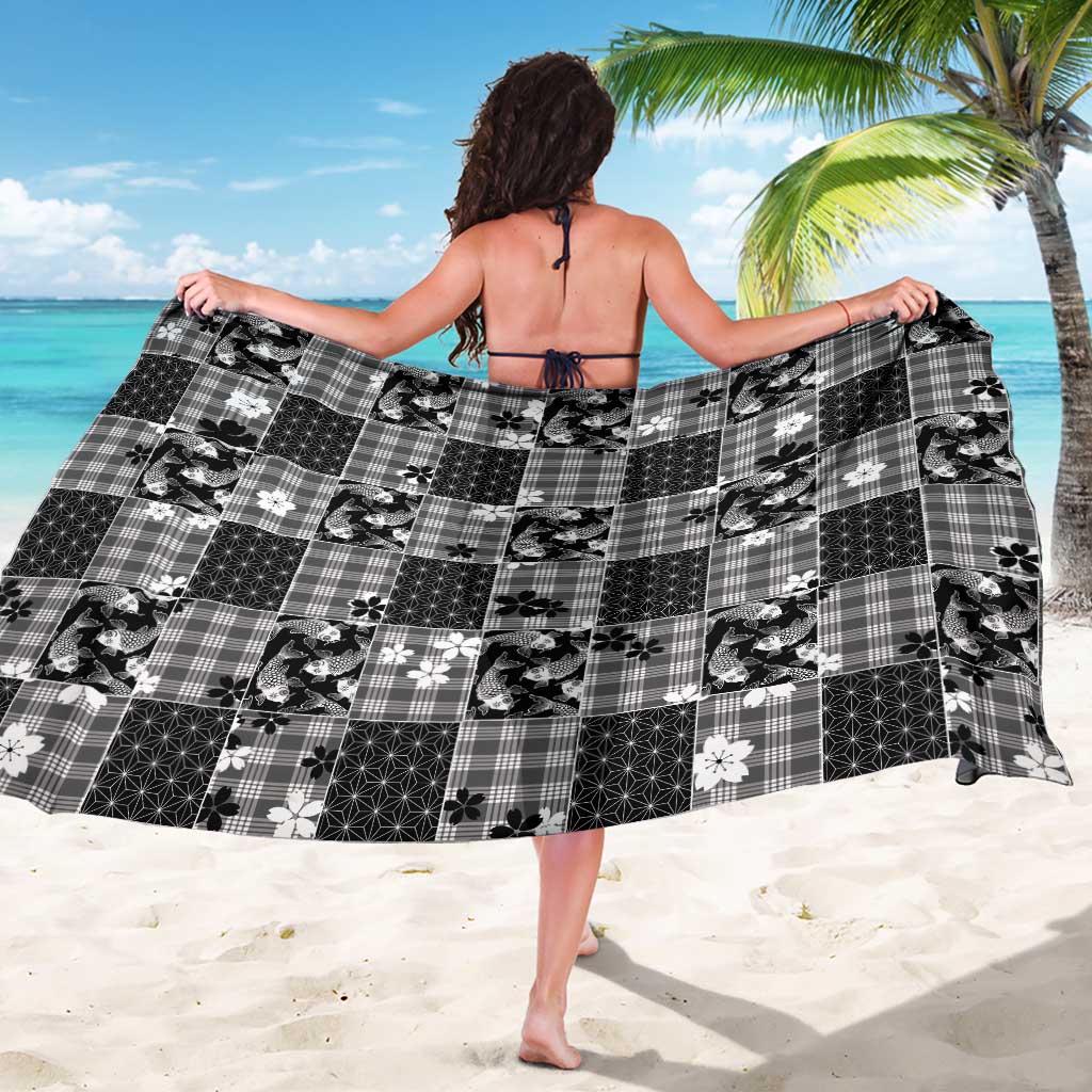 Black Palaka Japanese Patterns Sarong Koi Fish Asanoha Sakura Patchwork Stylized LT14 - Polynesian Pride