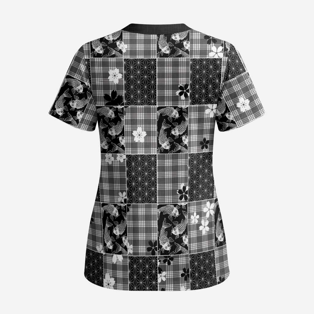 Black Palaka Japanese Patterns Scrub Top Koi Fish Asanoha Sakura Patchwork Stylized LT14 - Polynesian Pride