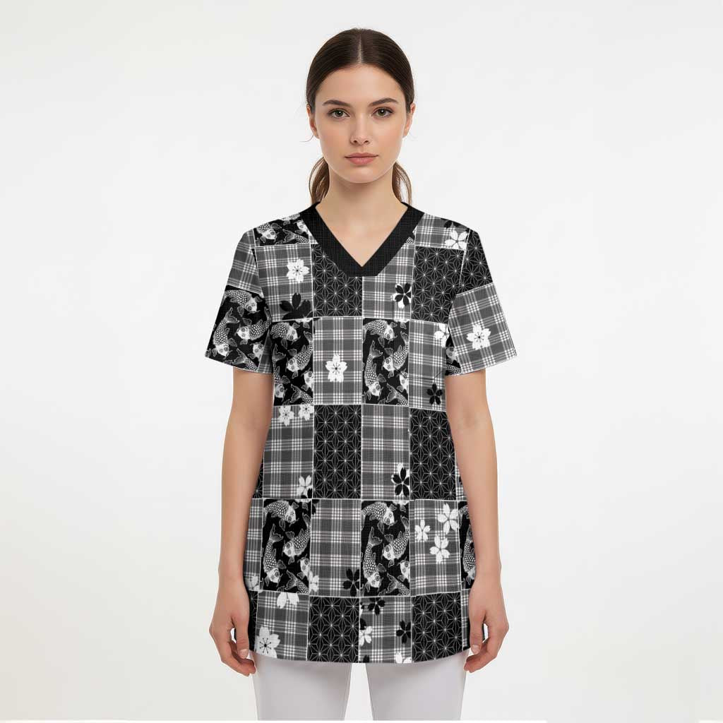 Black Palaka Japanese Patterns Scrub Top Koi Fish Asanoha Sakura Patchwork Stylized LT14 - Polynesian Pride