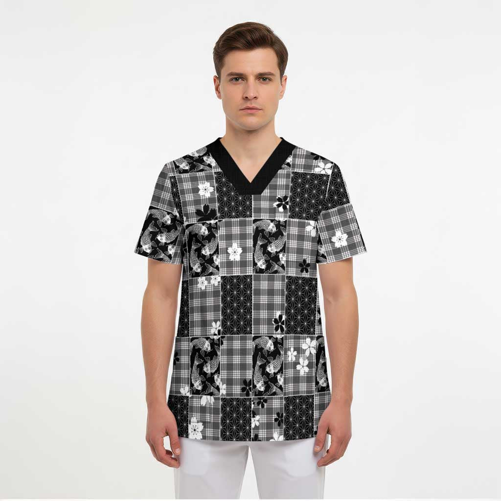 Black Palaka Japanese Patterns Scrub Top Koi Fish Asanoha Sakura Patchwork Stylized LT14 - Polynesian Pride