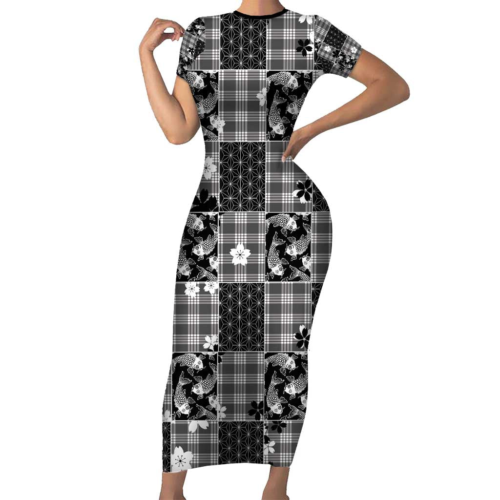 Black Palaka Japanese Patterns Short Sleeve Bodycon Dress Koi Fish Asanoha Sakura Patchwork Stylized LT14 Long Dress Black - Polynesian Pride