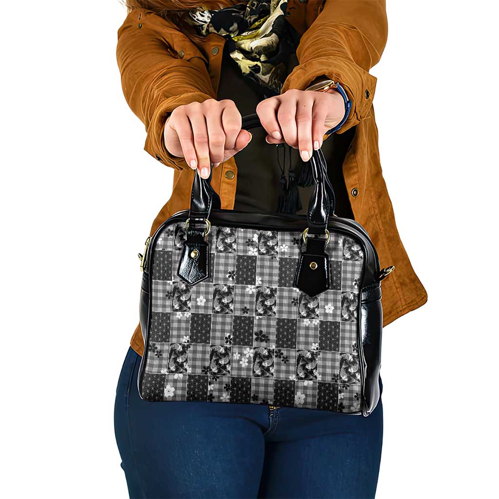 Black Palaka Japanese Patterns Shoulder Handbag Koi Fish Asanoha Sakura Patchwork Stylized LT14 One Size Black - Polynesian Pride