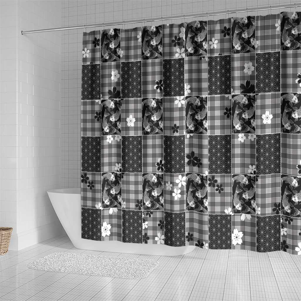 Black Palaka Japanese Patterns Shower Curtain Koi Fish Asanoha Sakura Patchwork Stylized LT14 - Polynesian Pride