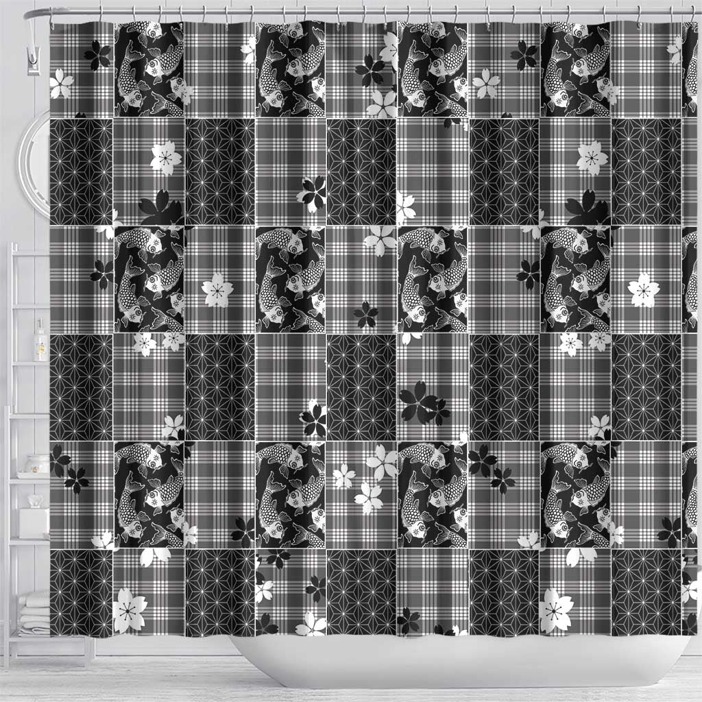 Black Palaka Japanese Patterns Shower Curtain Koi Fish Asanoha Sakura Patchwork Stylized LT14 - Polynesian Pride