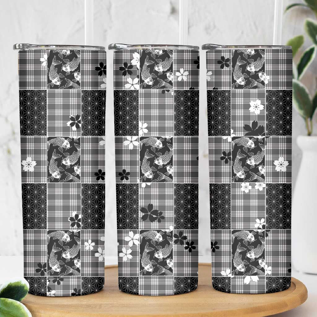 Black Palaka Japanese Patterns Skinny Tumbler Koi Fish Asanoha Sakura Patchwork Stylized - Polynesian Pride