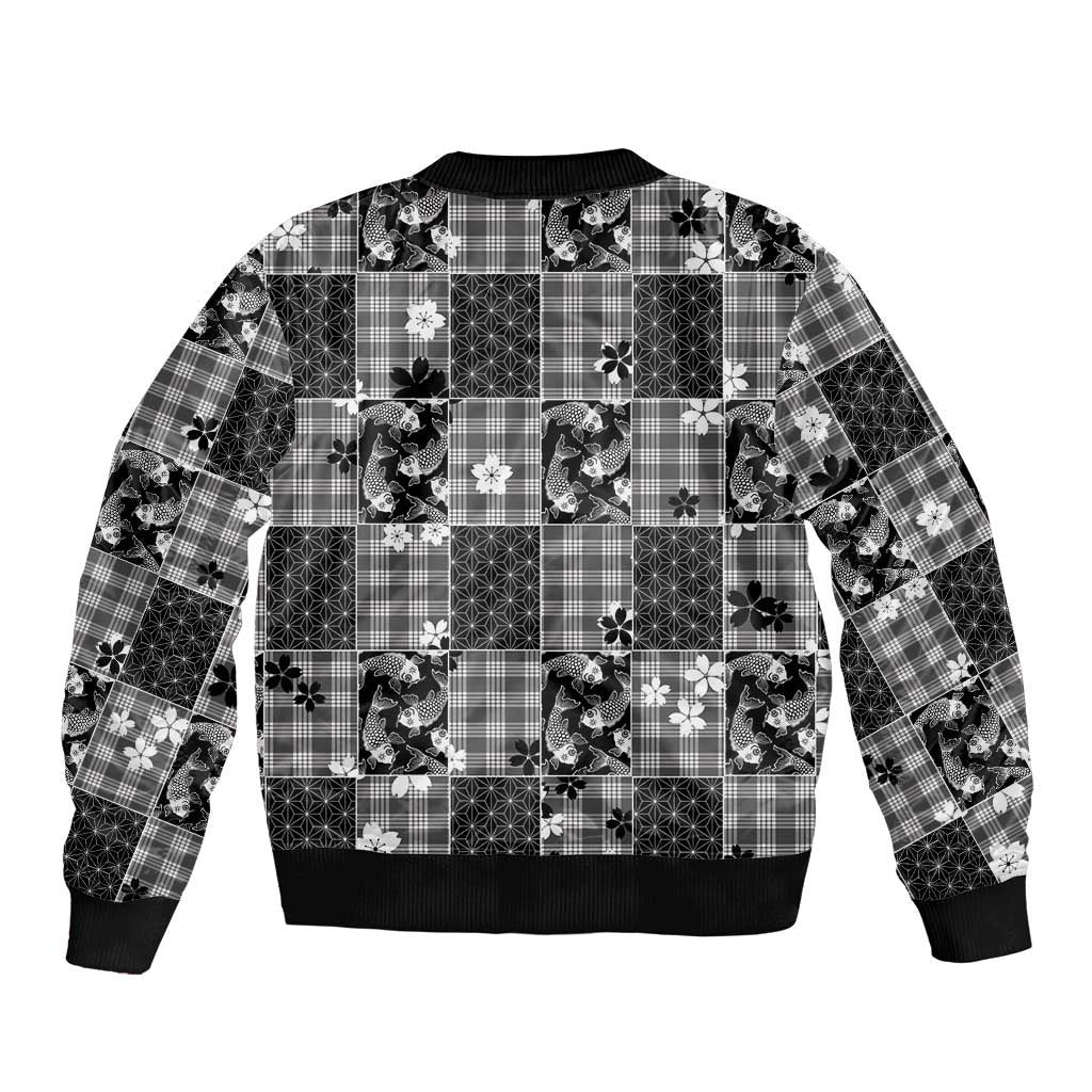 Black Palaka Japanese Patterns Sleeve Zip Bomber Jacket Koi Fish Asanoha Sakura Patchwork Stylized LT14 - Polynesian Pride