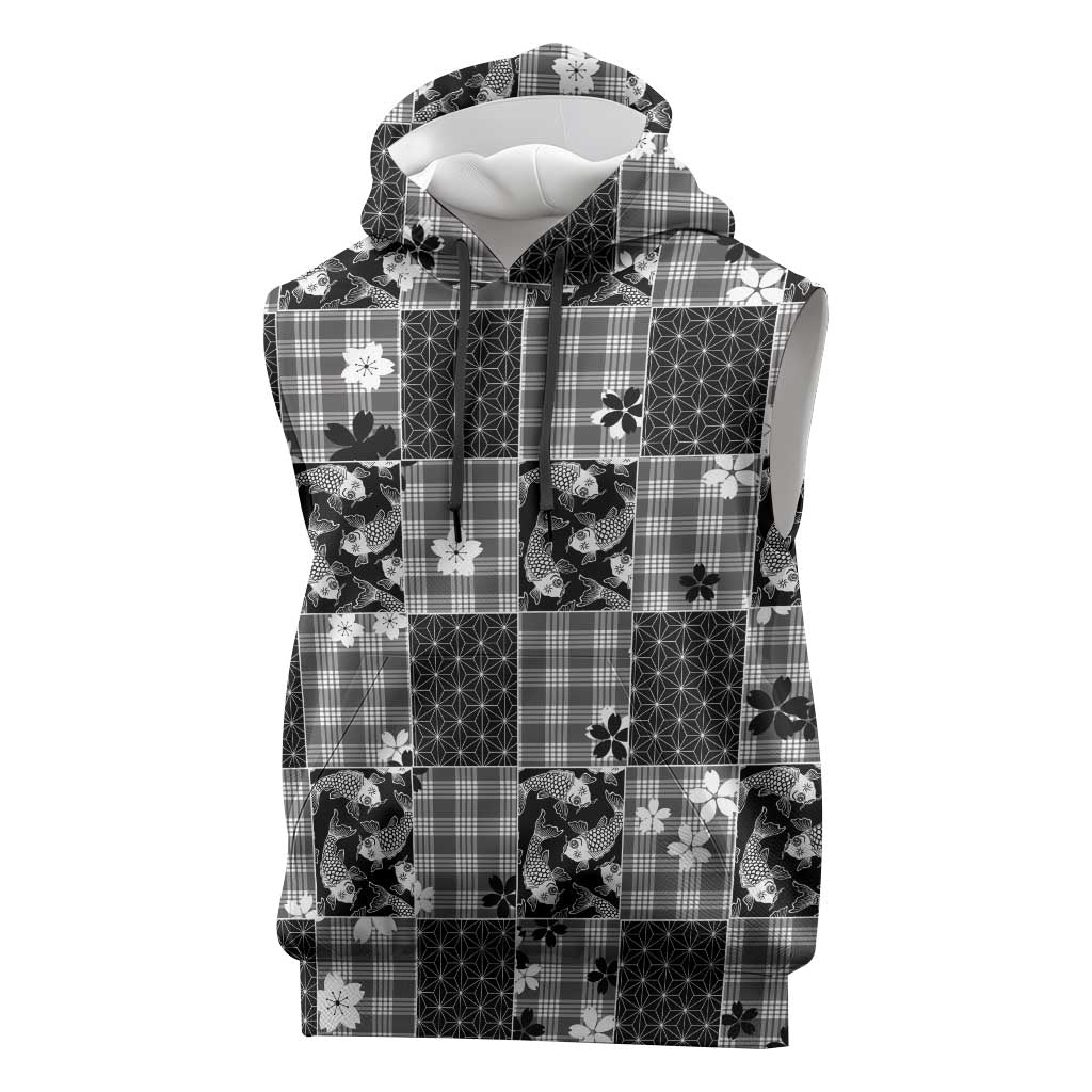 Black Palaka Japanese Patterns Sleeveless Hoodie Koi Fish Asanoha Sakura Patchwork Stylized - Polynesian Pride