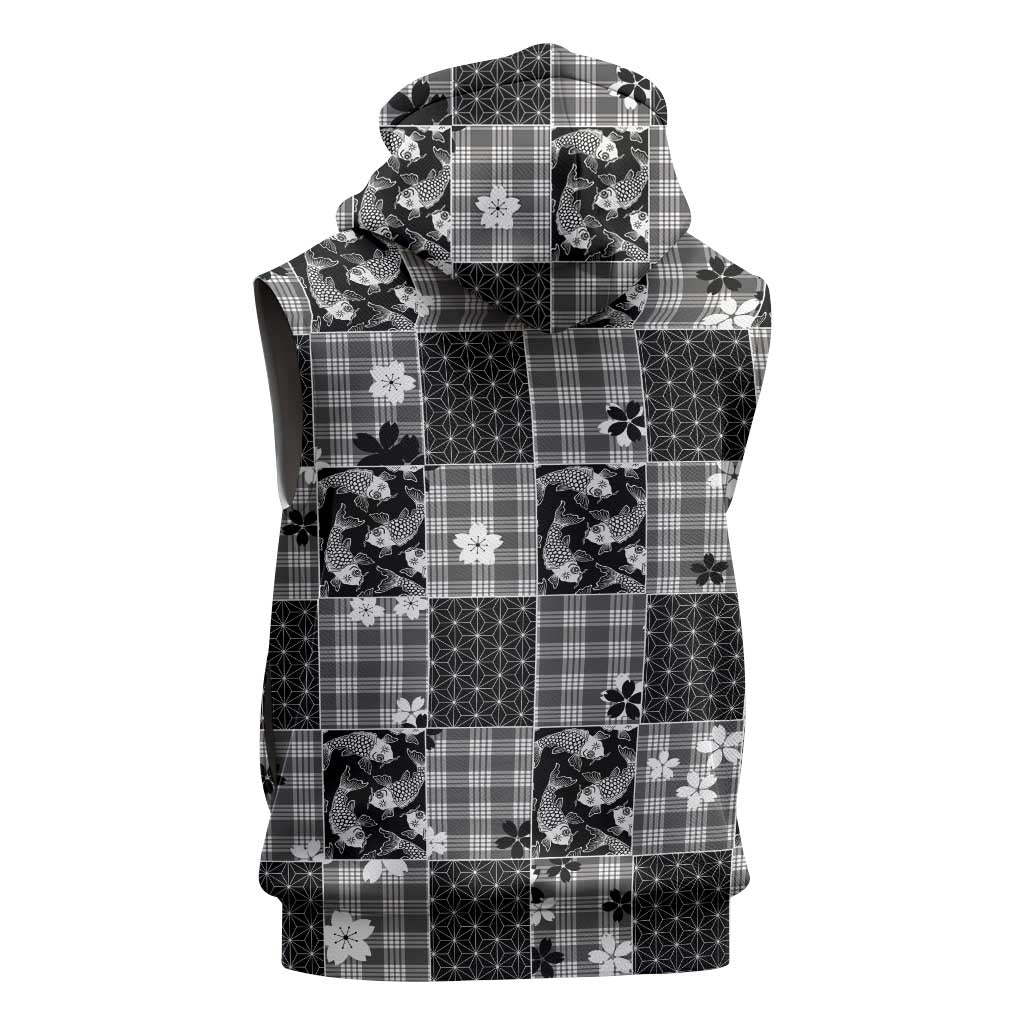 Black Palaka Japanese Patterns Sleeveless Hoodie Koi Fish Asanoha Sakura Patchwork Stylized - Polynesian Pride