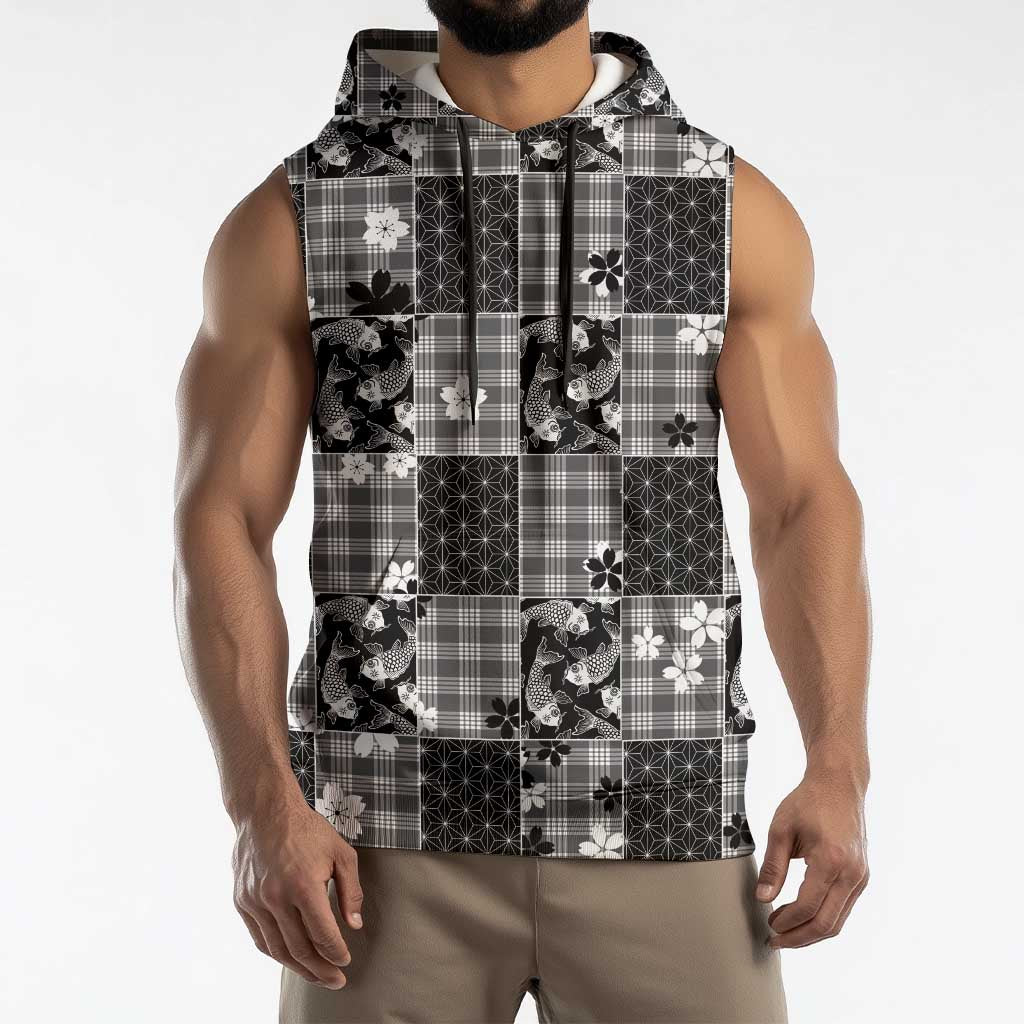Black Palaka Japanese Patterns Sleeveless Hoodie Koi Fish Asanoha Sakura Patchwork Stylized - Polynesian Pride