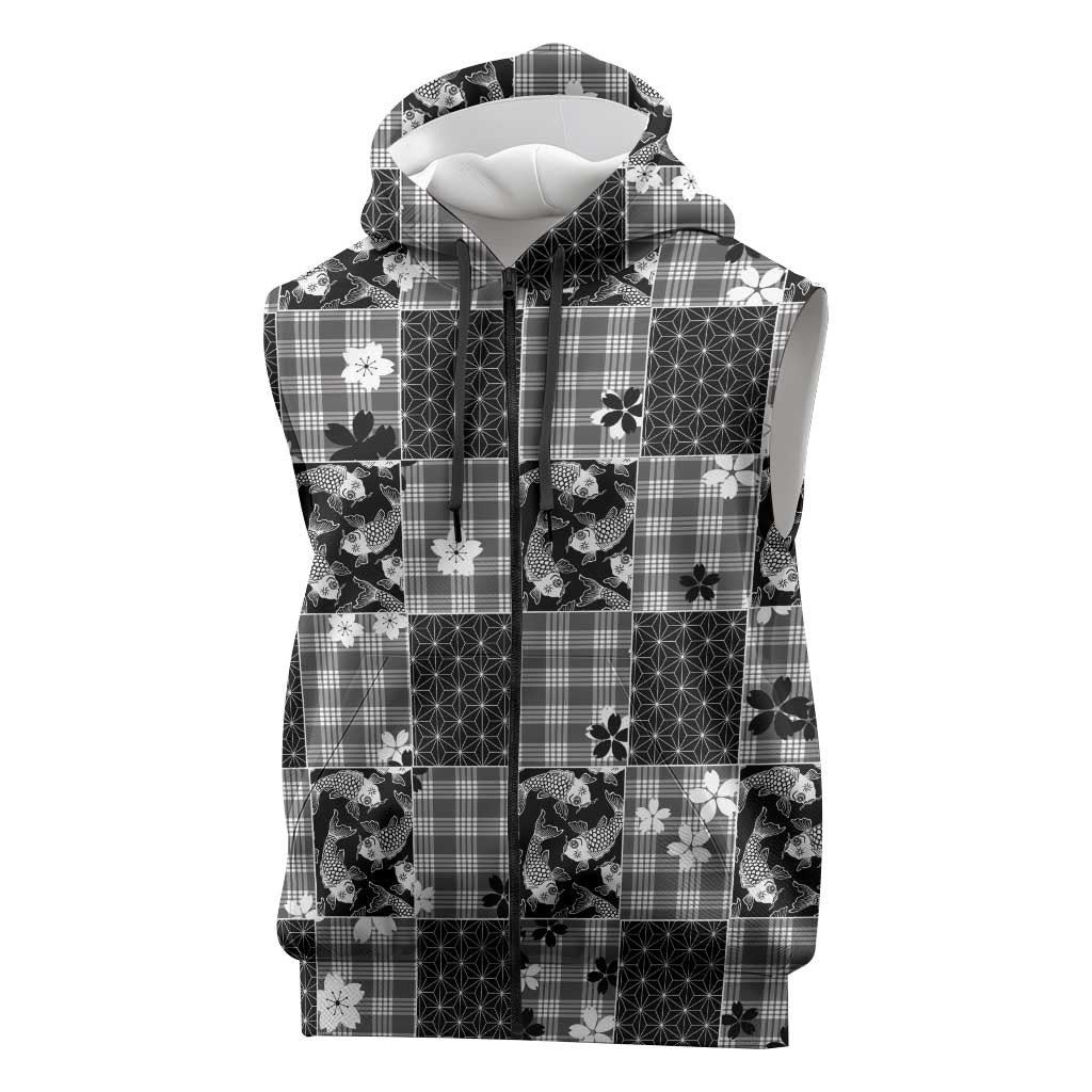 Black Palaka Japanese Patterns Sleeveless Zip Hoodie Koi Fish Asanoha Sakura Patchwork Stylized - Polynesian Pride
