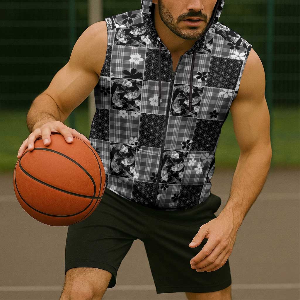 Black Palaka Japanese Patterns Sleeveless Zip Hoodie Koi Fish Asanoha Sakura Patchwork Stylized - Polynesian Pride