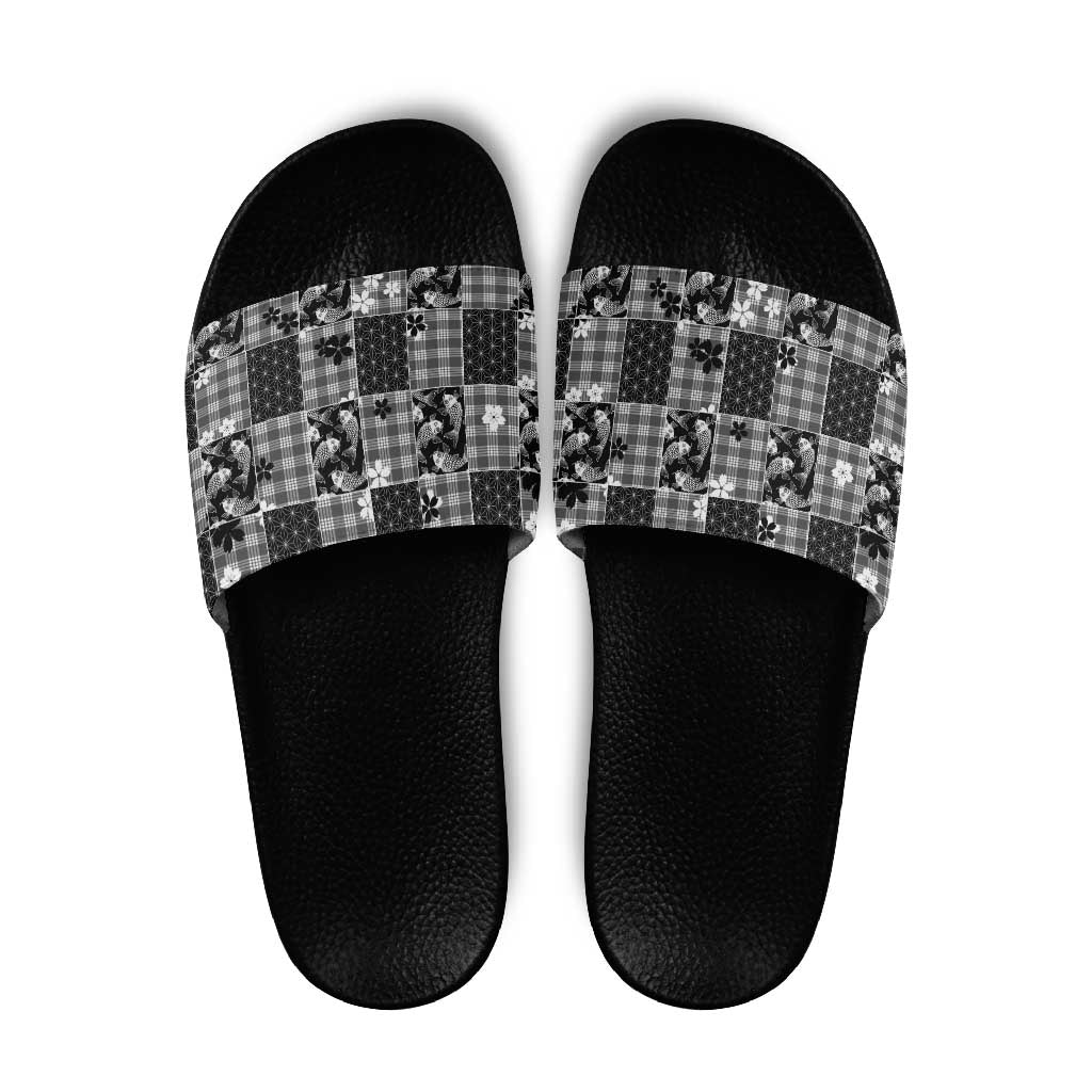 Black Palaka Japanese Patterns Slide Sandals Koi Fish Asanoha Sakura Patchwork Stylized LT14 Black - Polynesian Pride