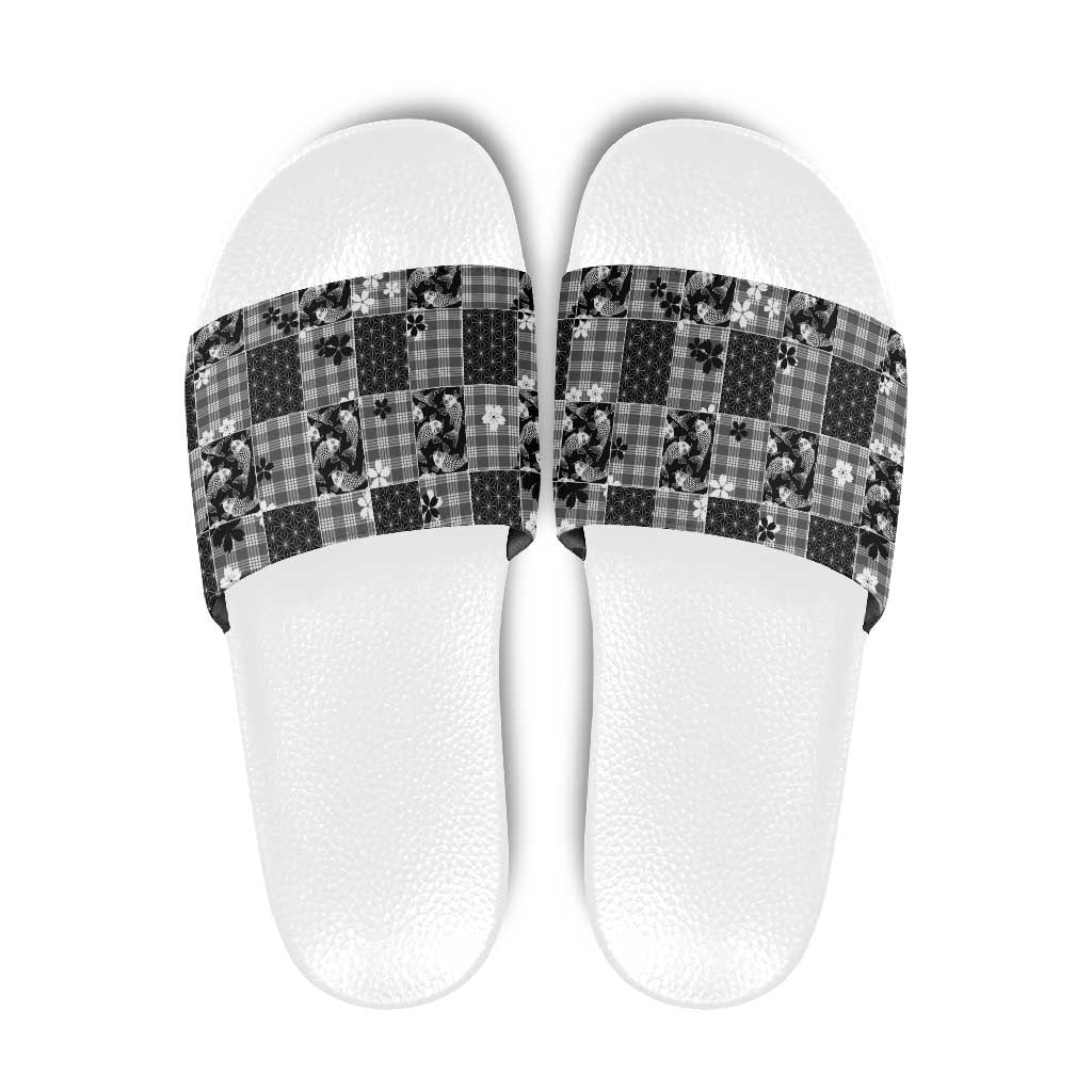 Black Palaka Japanese Patterns Slide Sandals Koi Fish Asanoha Sakura Patchwork Stylized LT14 Black - Polynesian Pride