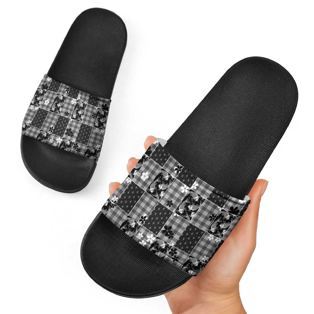 Black Palaka Japanese Patterns Slide Sandals Koi Fish Asanoha Sakura Patchwork Stylized LT14 - Polynesian Pride