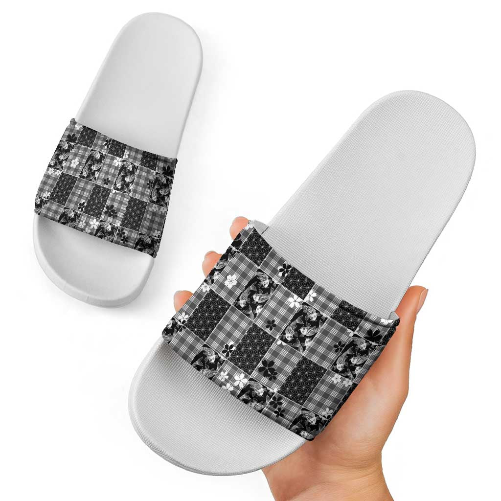 Black Palaka Japanese Patterns Slide Sandals Koi Fish Asanoha Sakura Patchwork Stylized LT14 - Polynesian Pride