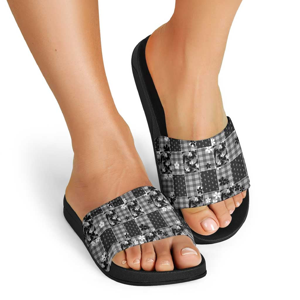 Black Palaka Japanese Patterns Slide Sandals Koi Fish Asanoha Sakura Patchwork Stylized LT14 - Polynesian Pride
