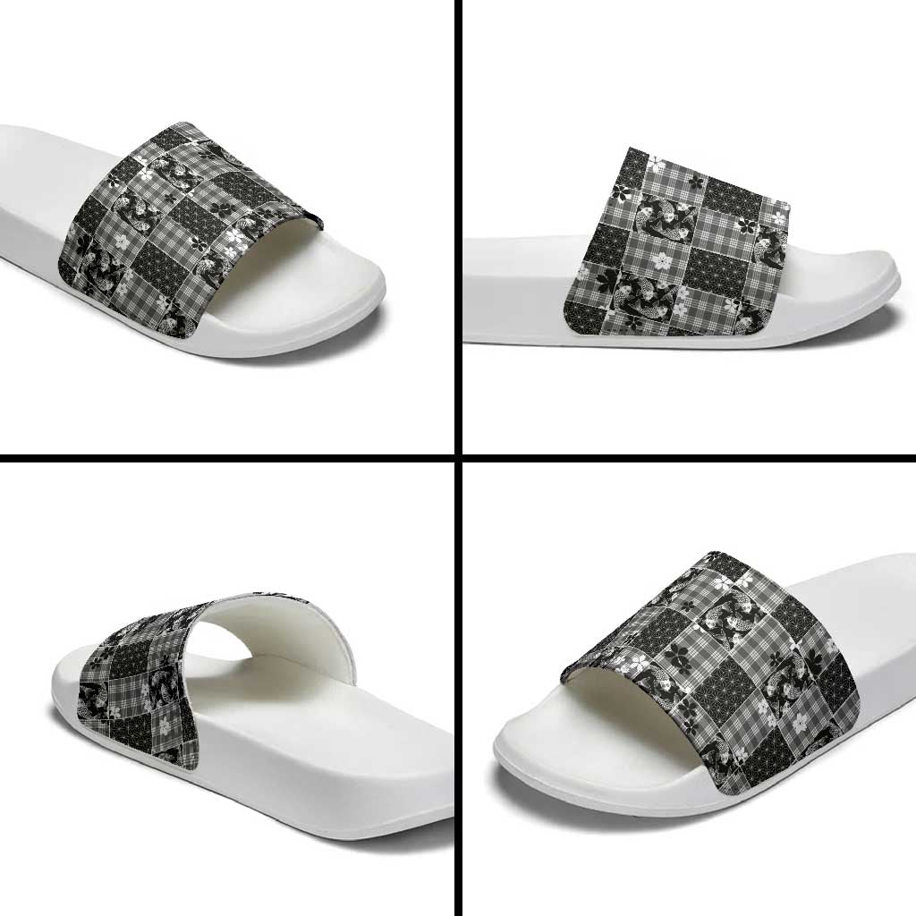 Black Palaka Japanese Patterns Slide Sandals Koi Fish Asanoha Sakura Patchwork Stylized LT14 - Polynesian Pride