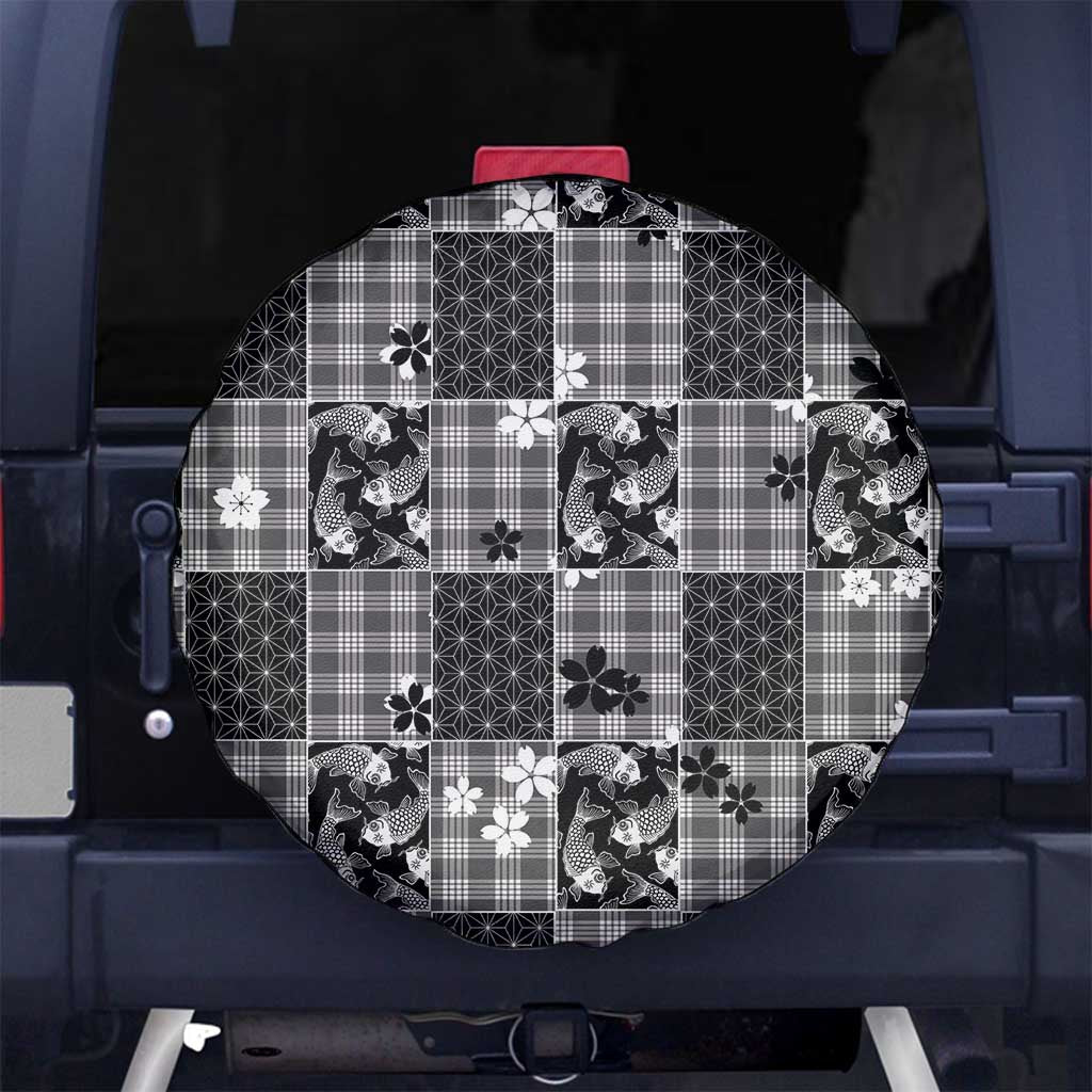 Black Palaka Japanese Patterns Spare Tire Cover Koi Fish Asanoha Sakura Patchwork Stylized LT14 No hole Black - Polynesian Pride