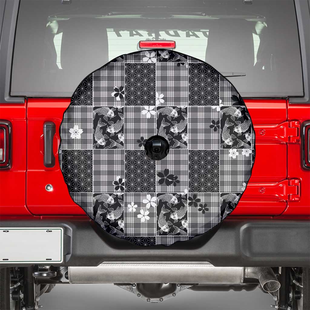 Black Palaka Japanese Patterns Spare Tire Cover Koi Fish Asanoha Sakura Patchwork Stylized LT14 - Polynesian Pride