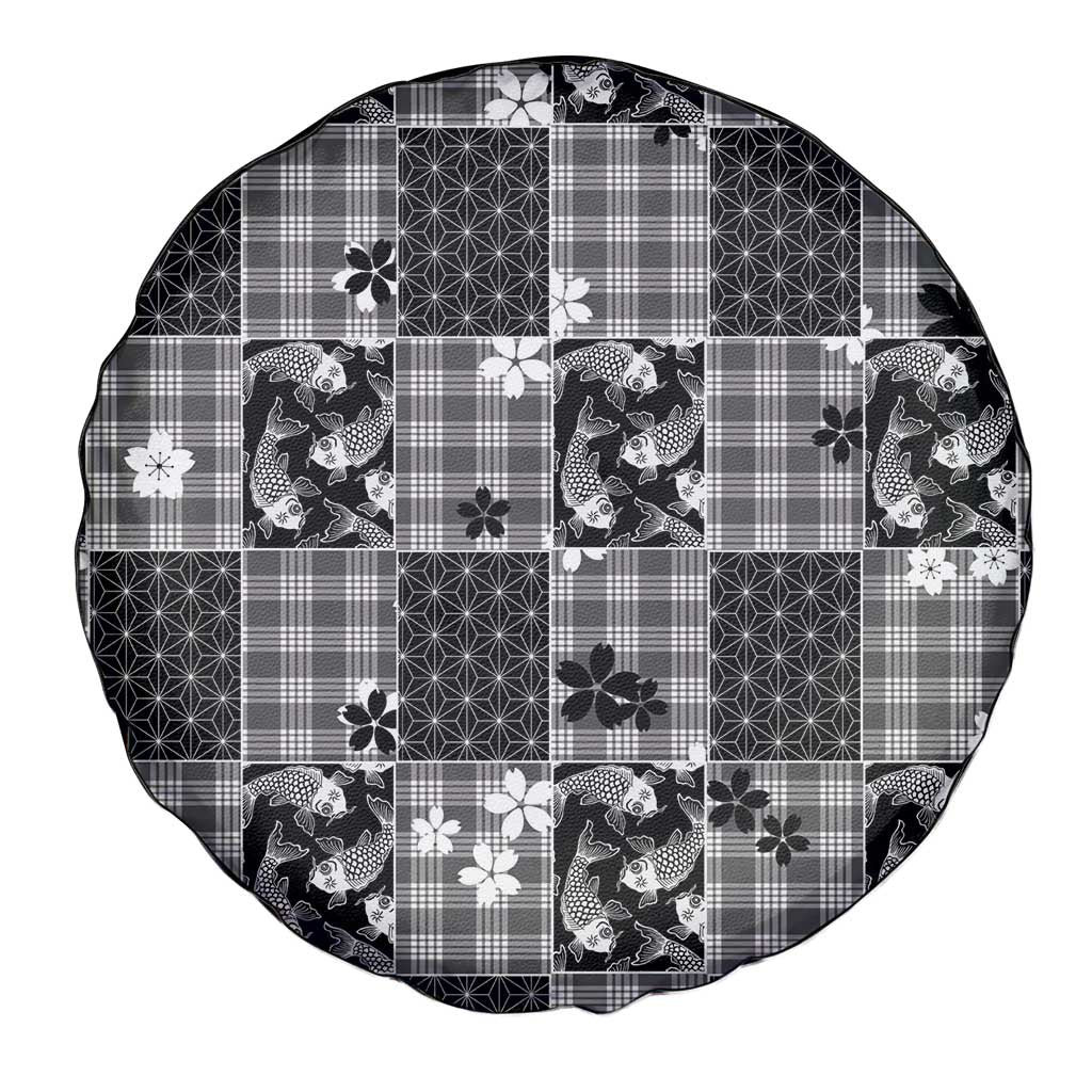 Black Palaka Japanese Patterns Spare Tire Cover Koi Fish Asanoha Sakura Patchwork Stylized LT14 - Polynesian Pride