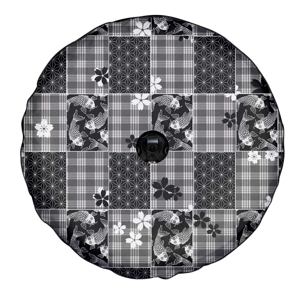 Black Palaka Japanese Patterns Spare Tire Cover Koi Fish Asanoha Sakura Patchwork Stylized LT14 - Polynesian Pride