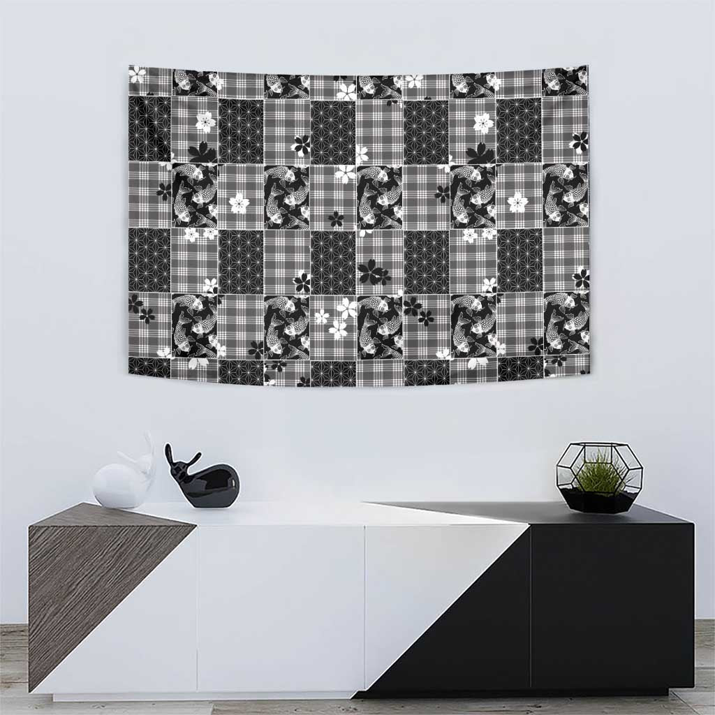 Black Palaka Japanese Patterns Tapestry Koi Fish Asanoha Sakura Patchwork Stylized - Polynesian Pride