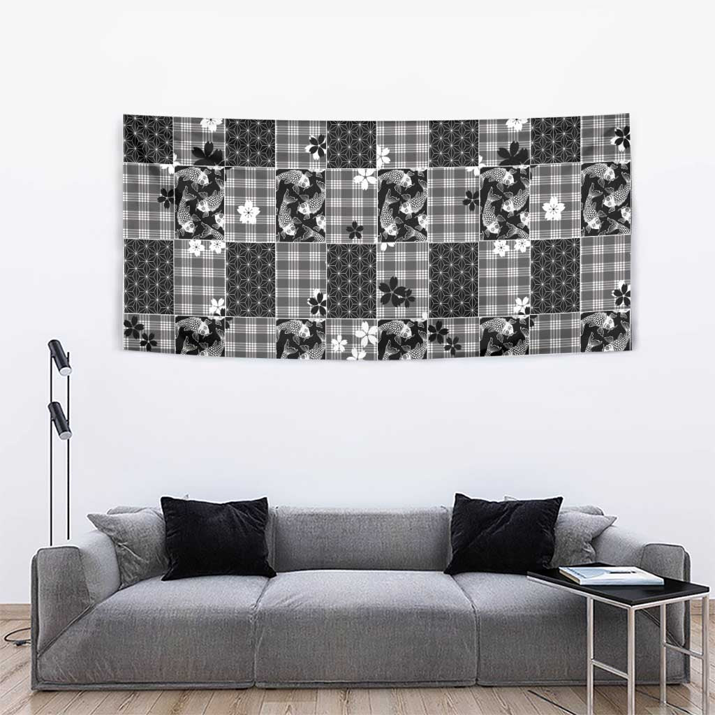 Black Palaka Japanese Patterns Tapestry Koi Fish Asanoha Sakura Patchwork Stylized - Polynesian Pride