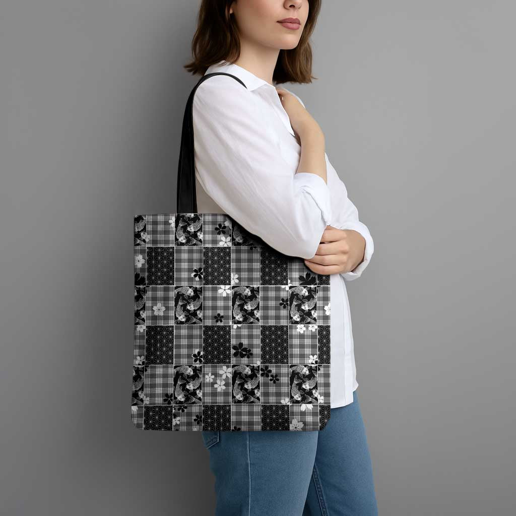 Black Palaka Japanese Patterns Tote Bag Koi Fish Asanoha Sakura Patchwork Stylized - Polynesian Pride