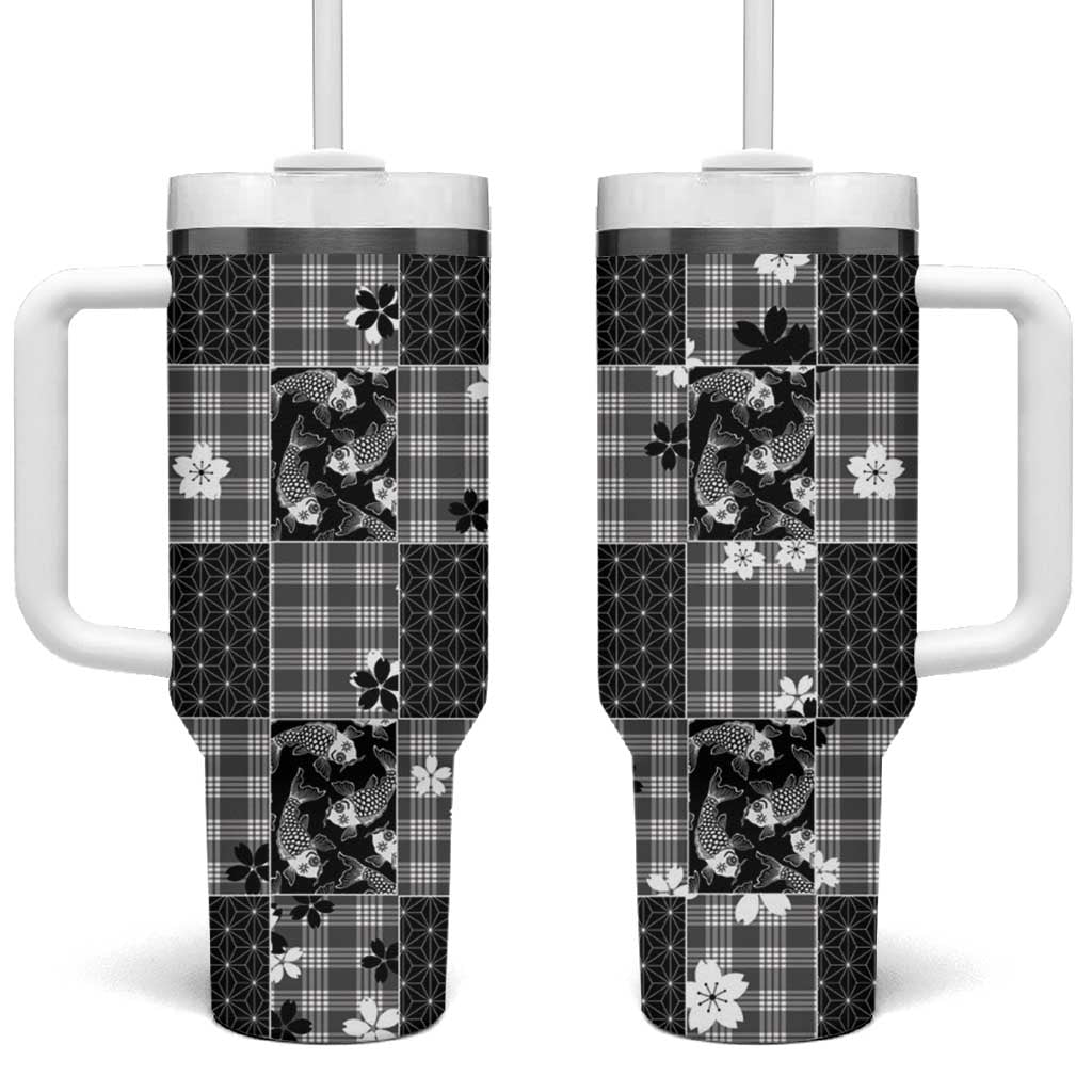 Black Palaka Japanese Patterns Tumbler With Handle Koi Fish Asanoha Sakura Patchwork Stylized LT14 One Size: 40 oz Black - Polynesian Pride