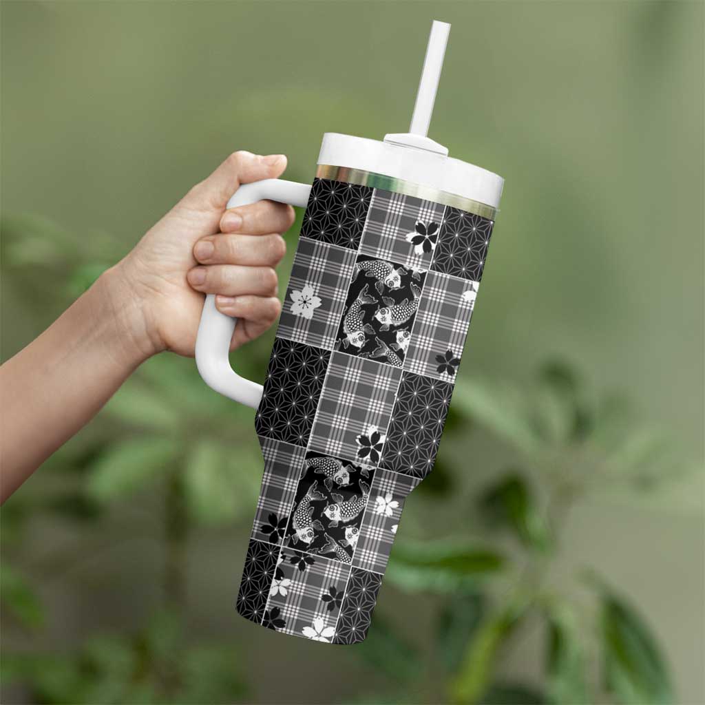 Black Palaka Japanese Patterns Tumbler With Handle Koi Fish Asanoha Sakura Patchwork Stylized LT14 - Polynesian Pride