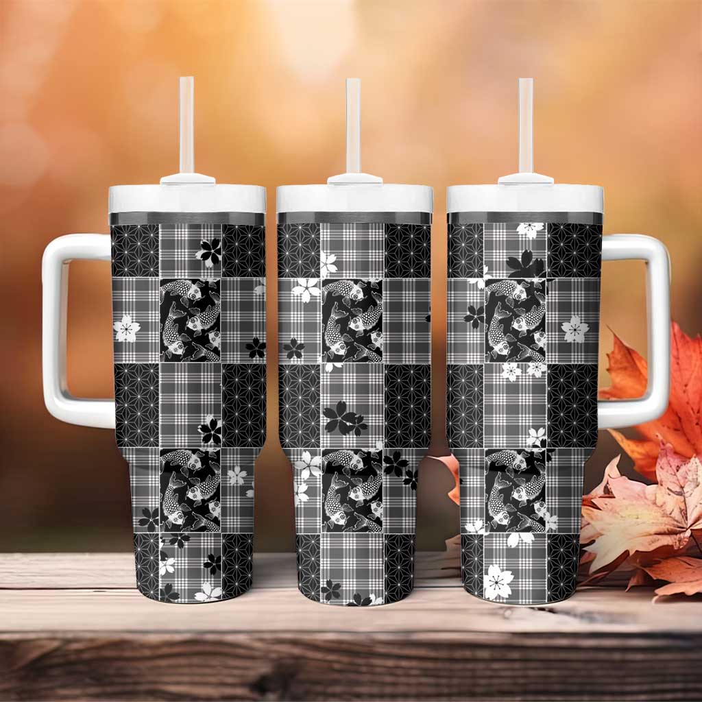 Black Palaka Japanese Patterns Tumbler With Handle Koi Fish Asanoha Sakura Patchwork Stylized LT14 - Polynesian Pride