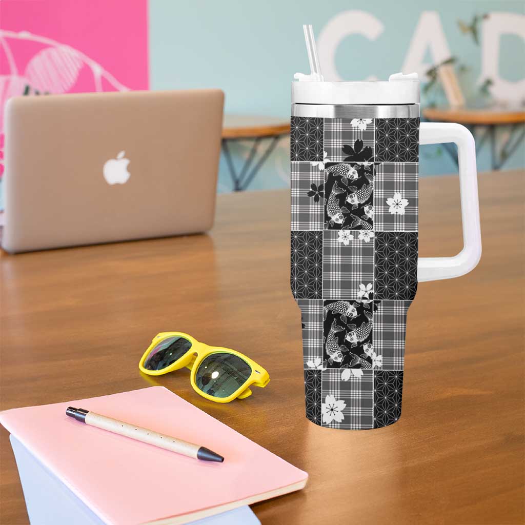 Black Palaka Japanese Patterns Tumbler With Handle Koi Fish Asanoha Sakura Patchwork Stylized LT14 - Polynesian Pride