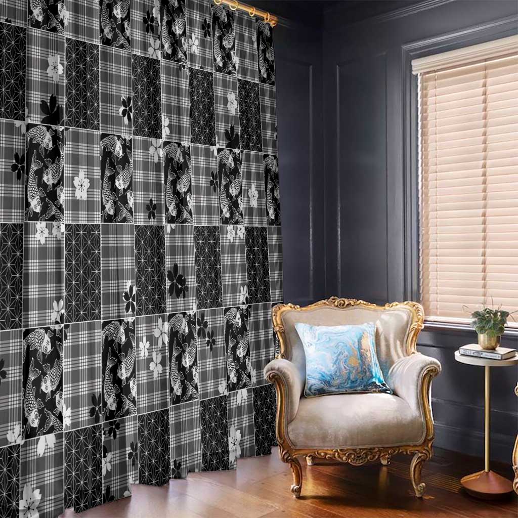 Black Palaka Japanese Patterns Window Curtain Koi Fish Asanoha Sakura Patchwork Stylized LT14 - Polynesian Pride