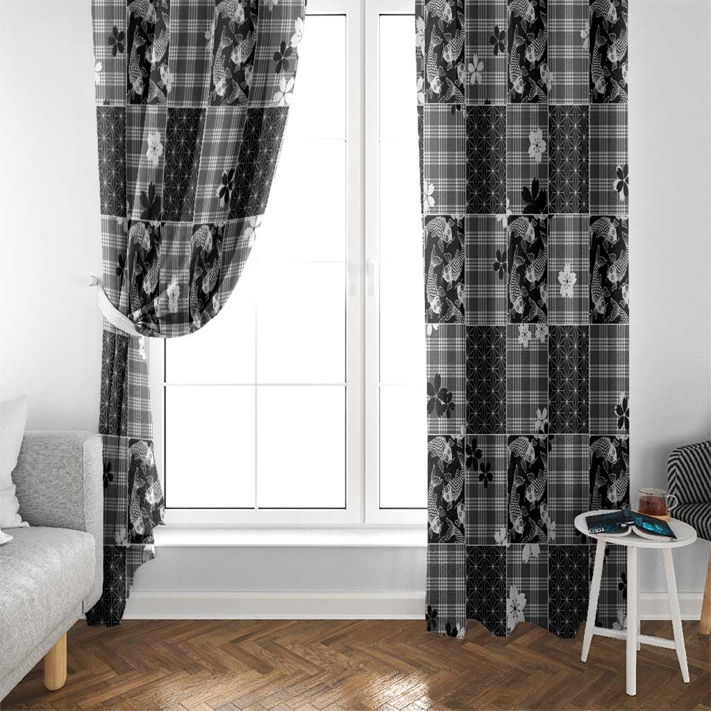 Black Palaka Japanese Patterns Window Curtain Koi Fish Asanoha Sakura Patchwork Stylized LT14 - Polynesian Pride