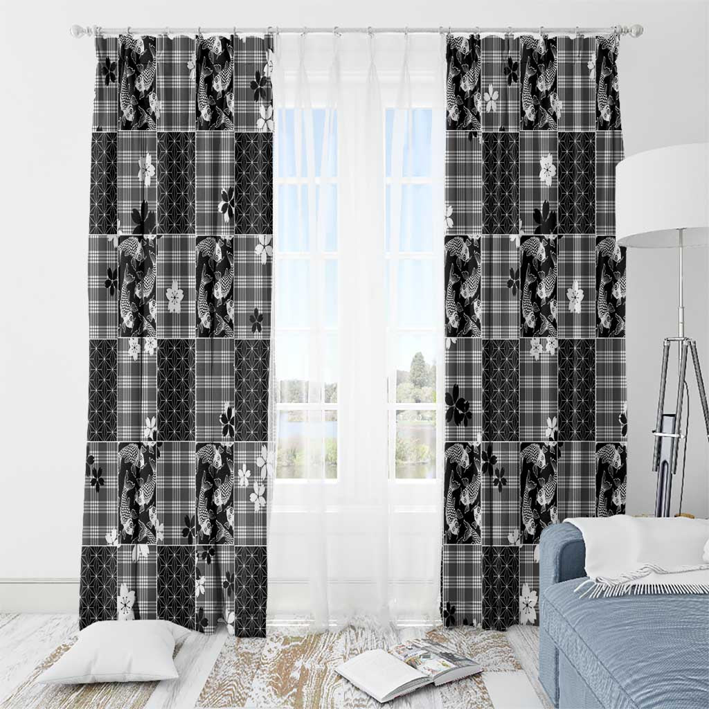 Black Palaka Japanese Patterns Window Curtain Koi Fish Asanoha Sakura Patchwork Stylized LT14 - Polynesian Pride