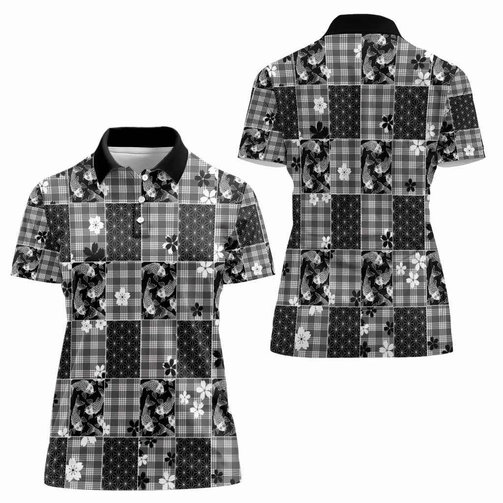 Black Palaka Japanese Patterns Women Polo Shirt Koi Fish Asanoha Sakura Patchwork Stylized - Polynesian Pride