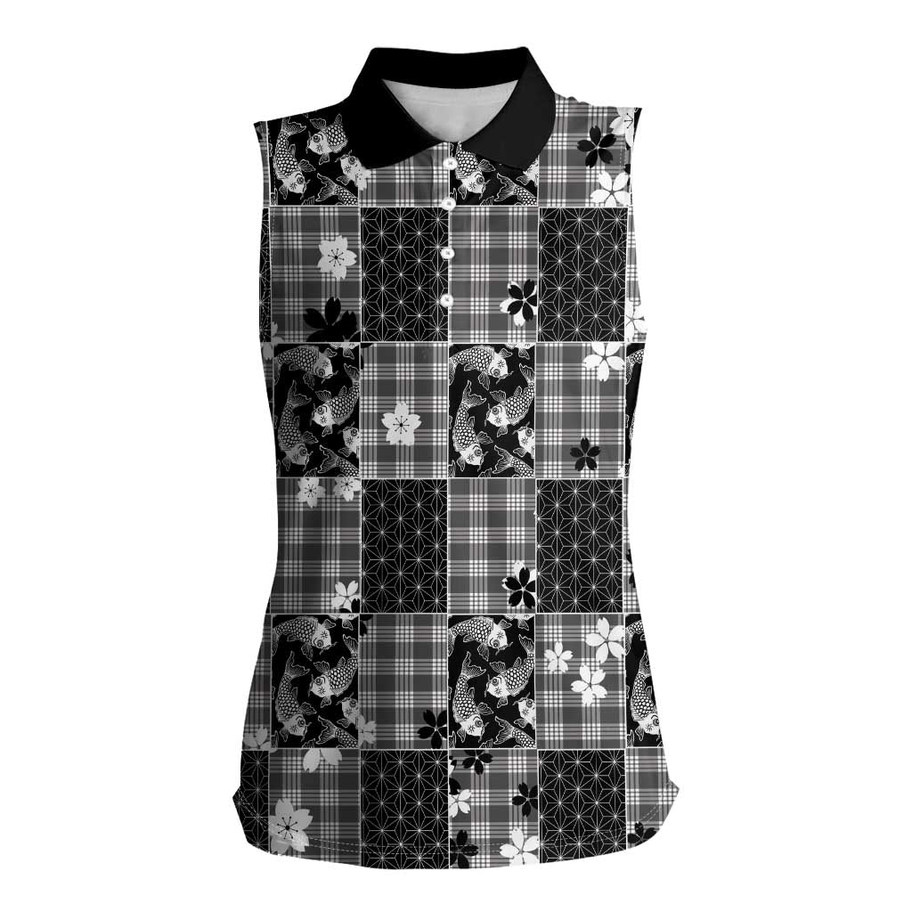 Black Palaka Japanese Patterns Women Sleeveless Polo Shirt Koi Fish Asanoha Sakura Patchwork Stylized - Polynesian Pride